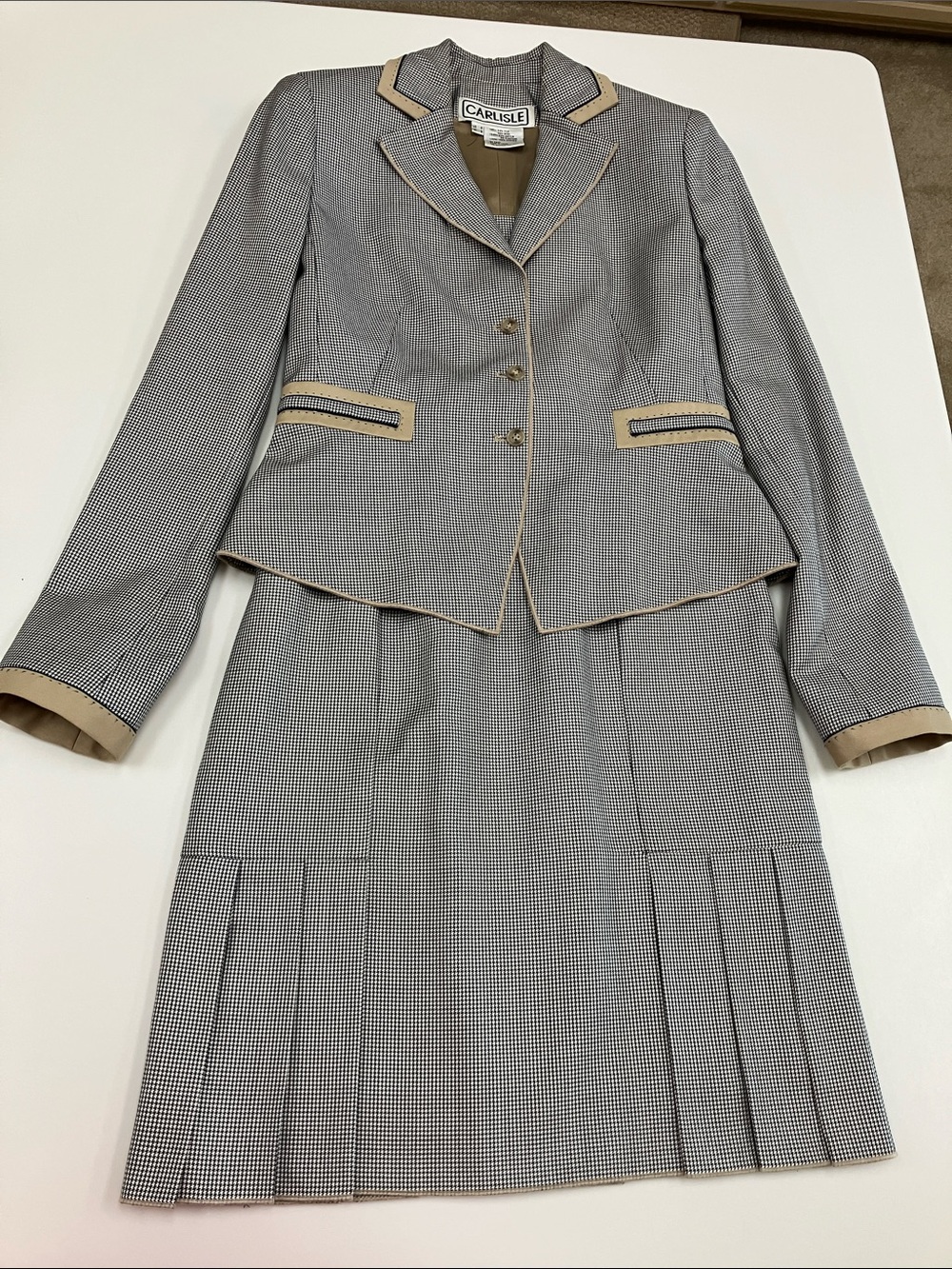 Carlisle Silk-Wool Black and Cream Houndstooth Skirt Suit with Tan Trim